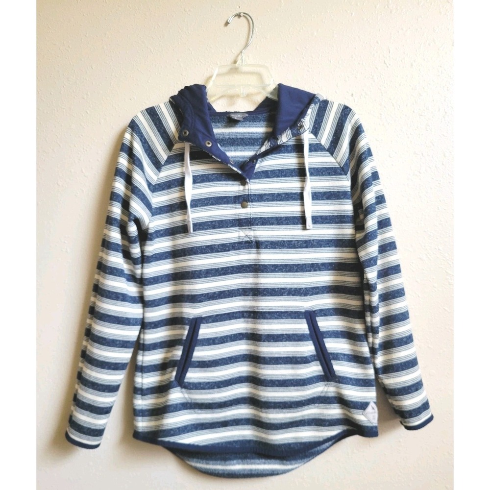 Eddie Bauer Pullover Hoodie Women's Knit Snap‎ Buttons Blue White Stripe Sz L